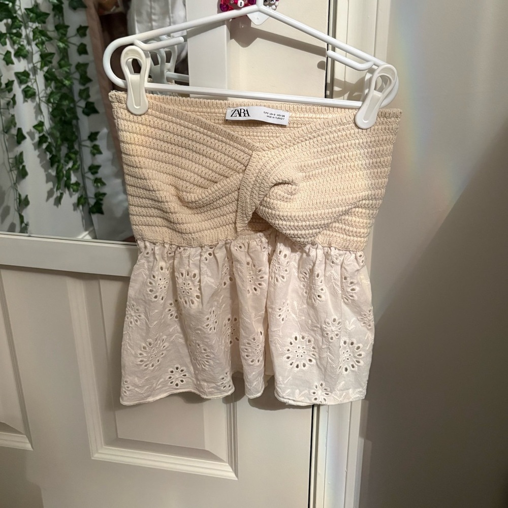 Zara Cream Crochet Strapless Knotted Top - Picture 1 of 2